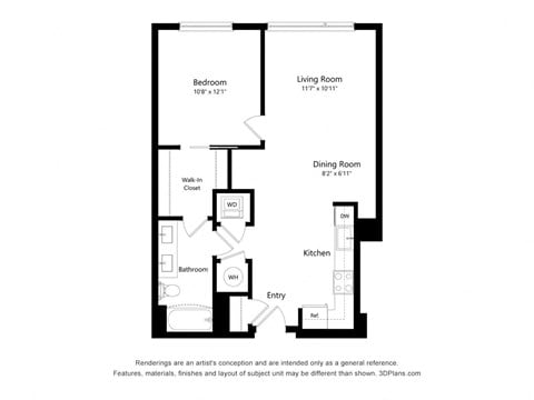 Floor plan for 1 bed, 1 bath, 740 sqft